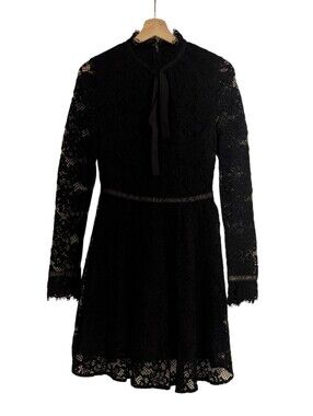 Womens Black Lace Tie-Neck Long Sleeve Dress, 6